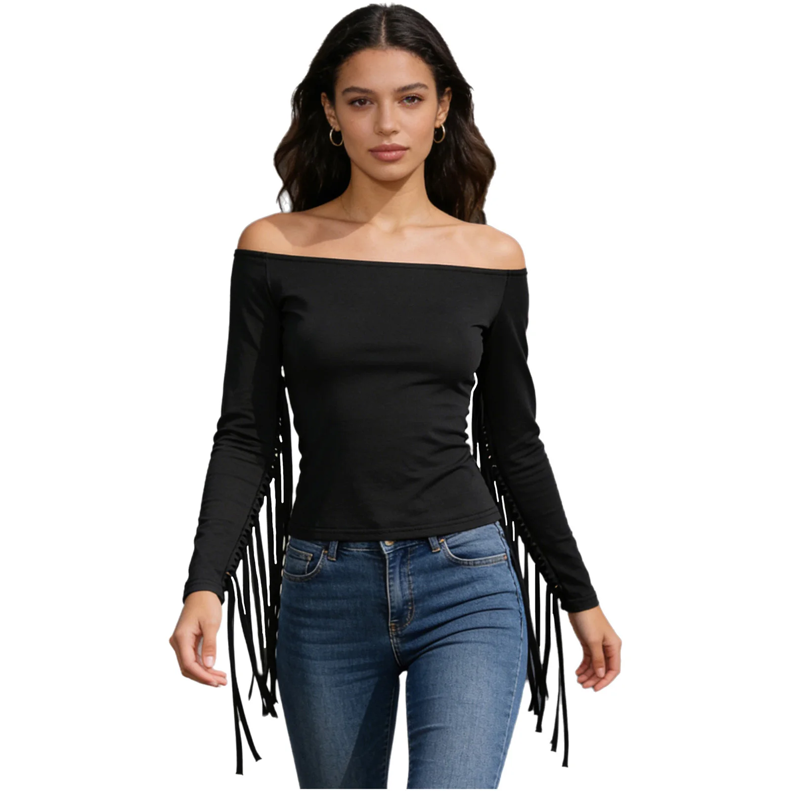 Women Western Cowgirl Fringe T-shirt Off The Shoulder Long Sleeve with Tassel Slim Crop Top Blouse for Casual Party Daily Shirts