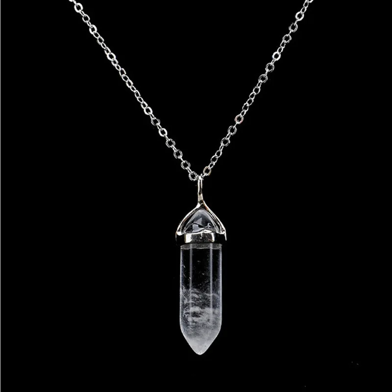 15pcs Stainless steel Natural Quartz Obsidian Crystal Hexagonal Chakra Healing Point Pendulum Stone Pendant Necklace For Gift