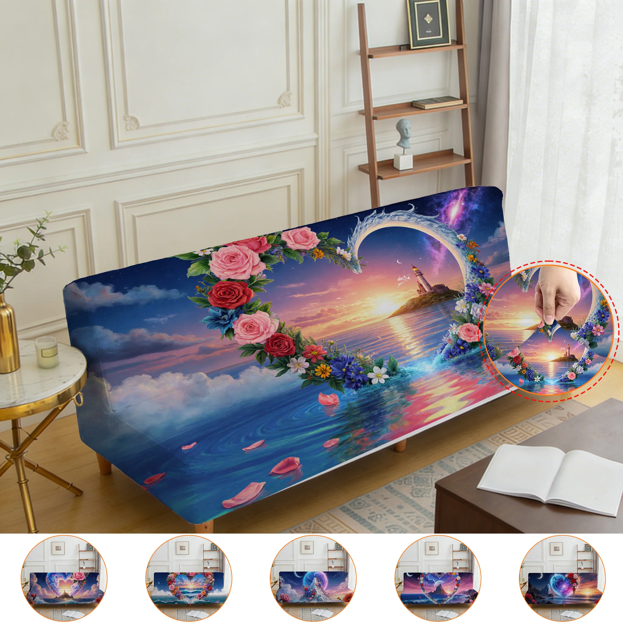 Armrest-free elastic printed sofa bed cover, living room home decoration, romantic sea view love pattern