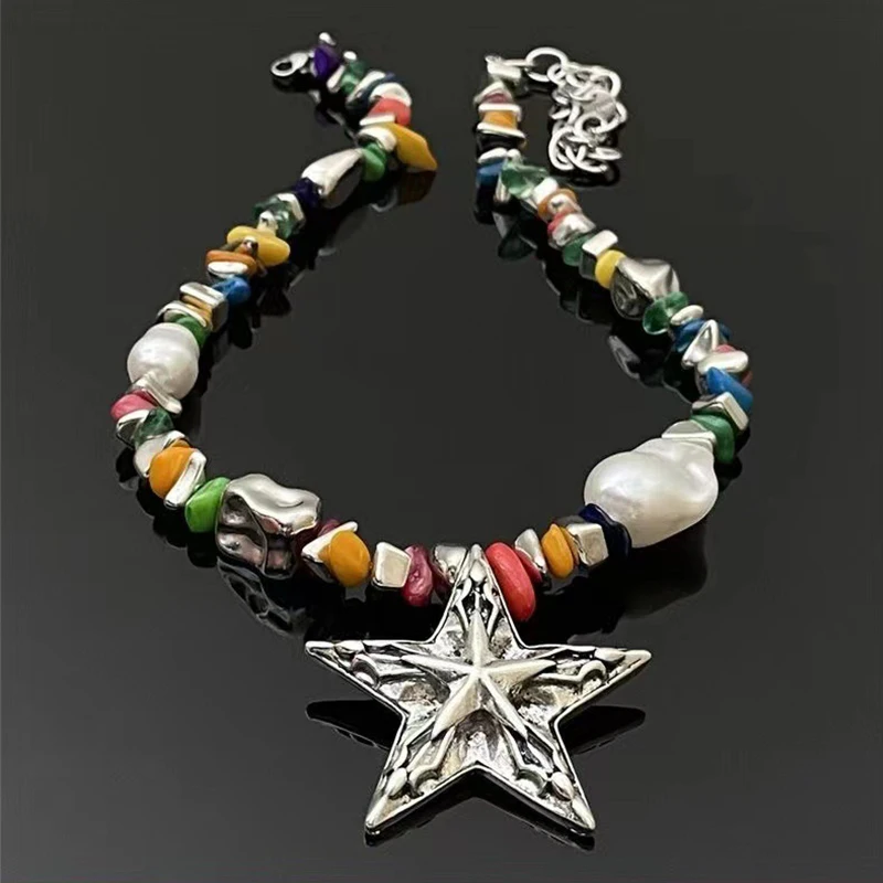 Multi Colors Large Metal Star Necklace For Women Fashion Jewelry Irregular Glass Acrylic Beads Party Holiday Accessories C1411