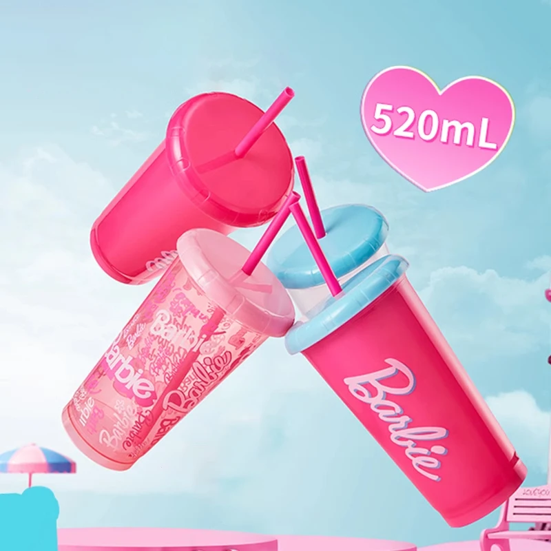 Miniso Barbie 65Th Anniversary Plastic Straw Cup 4-Piece Set Large Capacity Cute Anime Cartoon 520Ml Large Capacity Water Cup