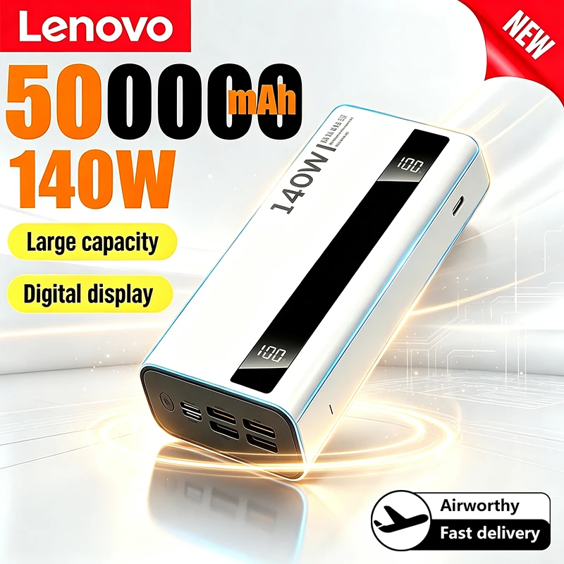 Lenovo 140W 500000mAh Power Bank High Capacity Super Fast Charge Portable External Battery PowerBank For iphone Samsung Huawei
