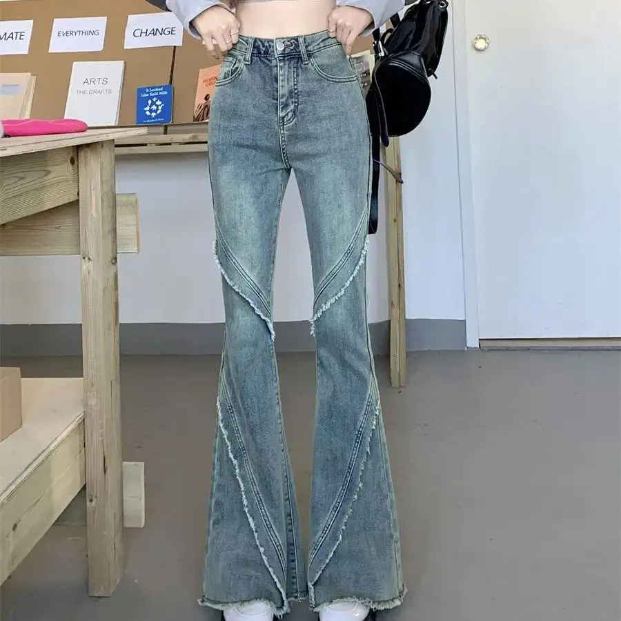 

Bell Bottom Trousers Raw Edge Design High Waist 2024 Woman Korean Lady High Street Slim Fit Denim Flare Pants Female Fashion