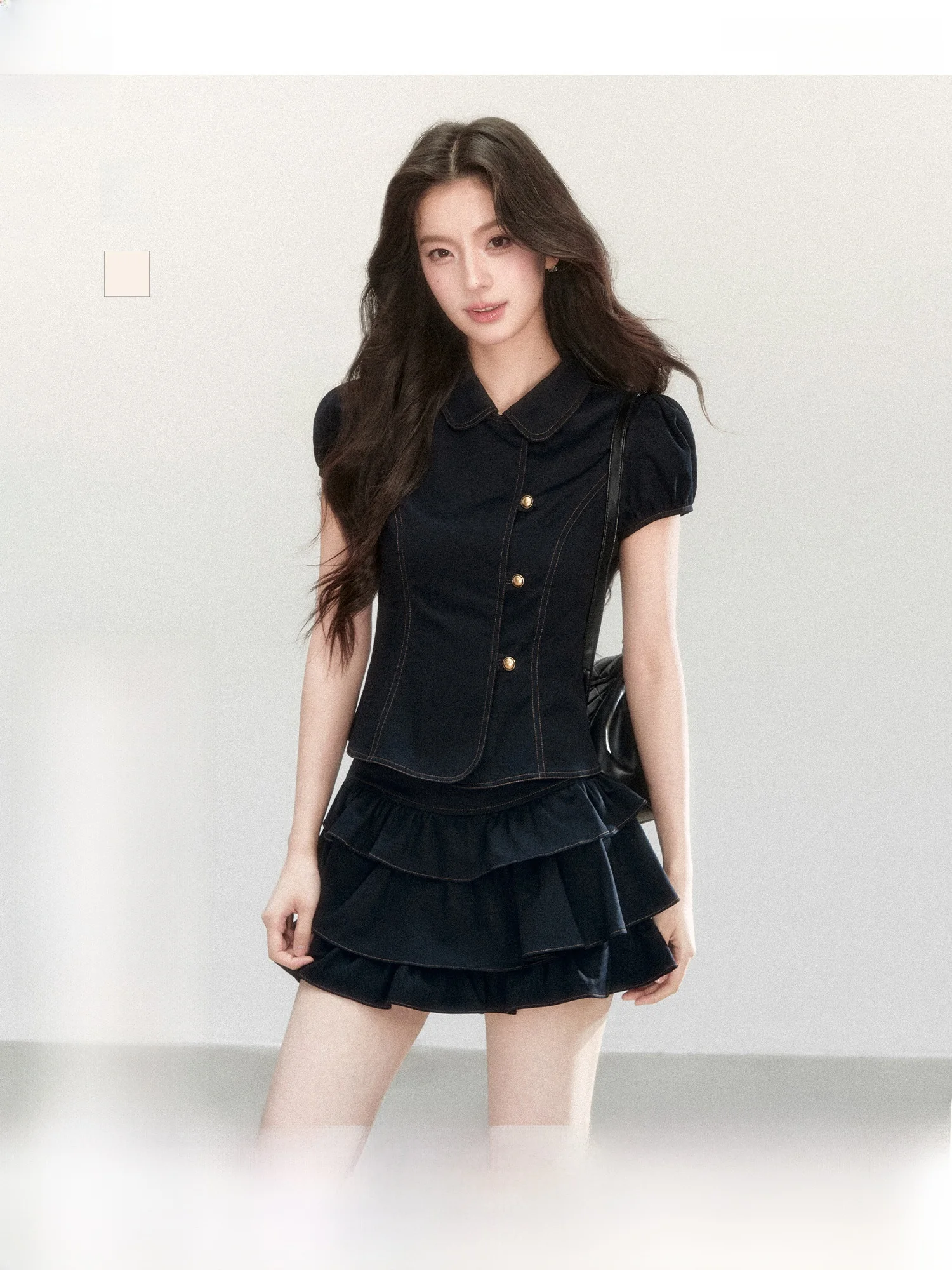

Sweet Cool College Style Set Vintage Doll Collar Waist Cinched Short Sleeve Shirt Girl Feel Cake Short Skirt Summer Two Piece