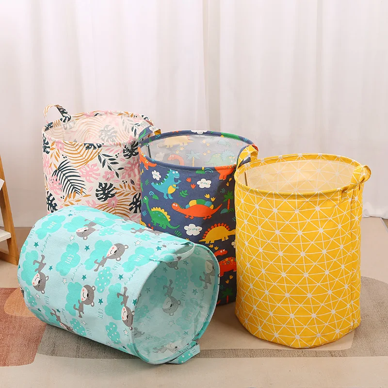 Laundry Basket Foldable Round Storage Bag Cotton Linen Organizer Bucket Waterproof Laundry Toy Storage Bag Dirty Clothes Basket