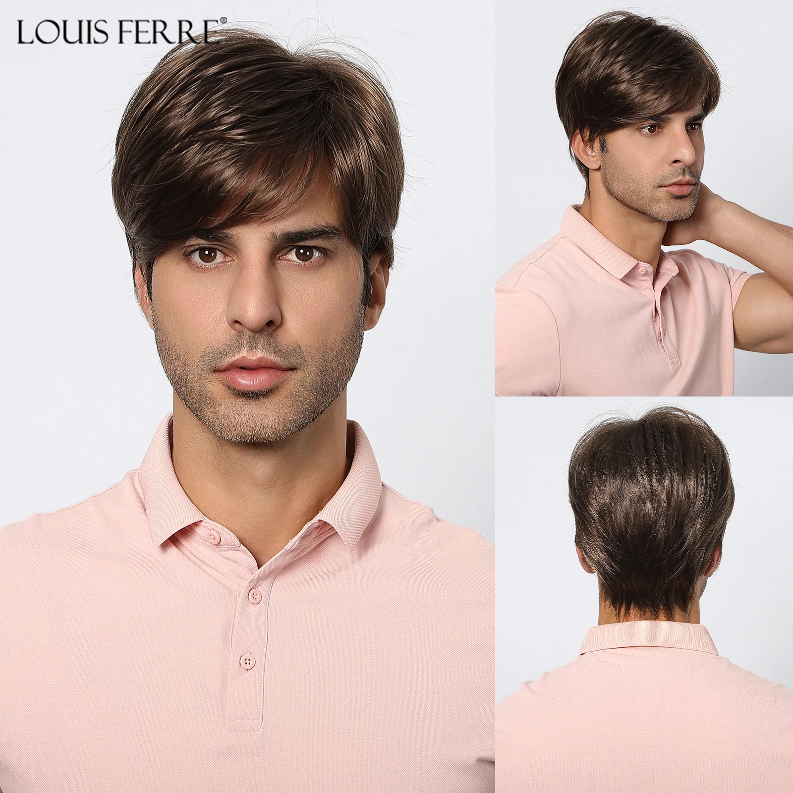 LOUIS FERRE Dark Brown Short Wig for Men Side Part Synthetic Layered Wig with Bangs Natural Looking Synthetic Hair for Daily Use