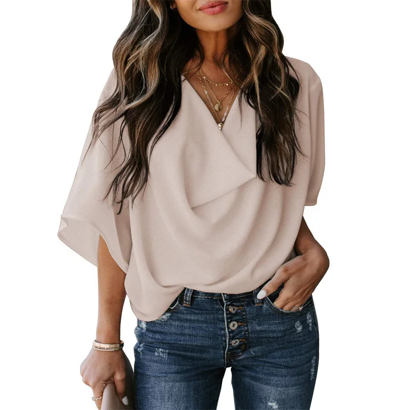 Women's Solid Color V Neck Batwing Short Sleeve T‑Shirt Soft Comfortable Versatile Trendy Casual Commute Daily Wear Blouse Top