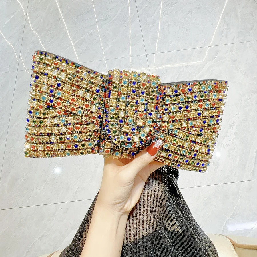 Full Version Rhinestone Bow Shape Small Phone Bag Sparkling Chain Hasp Bag Women's Hand-Held Crossbody Bag Party Dinner Bags ﻿
