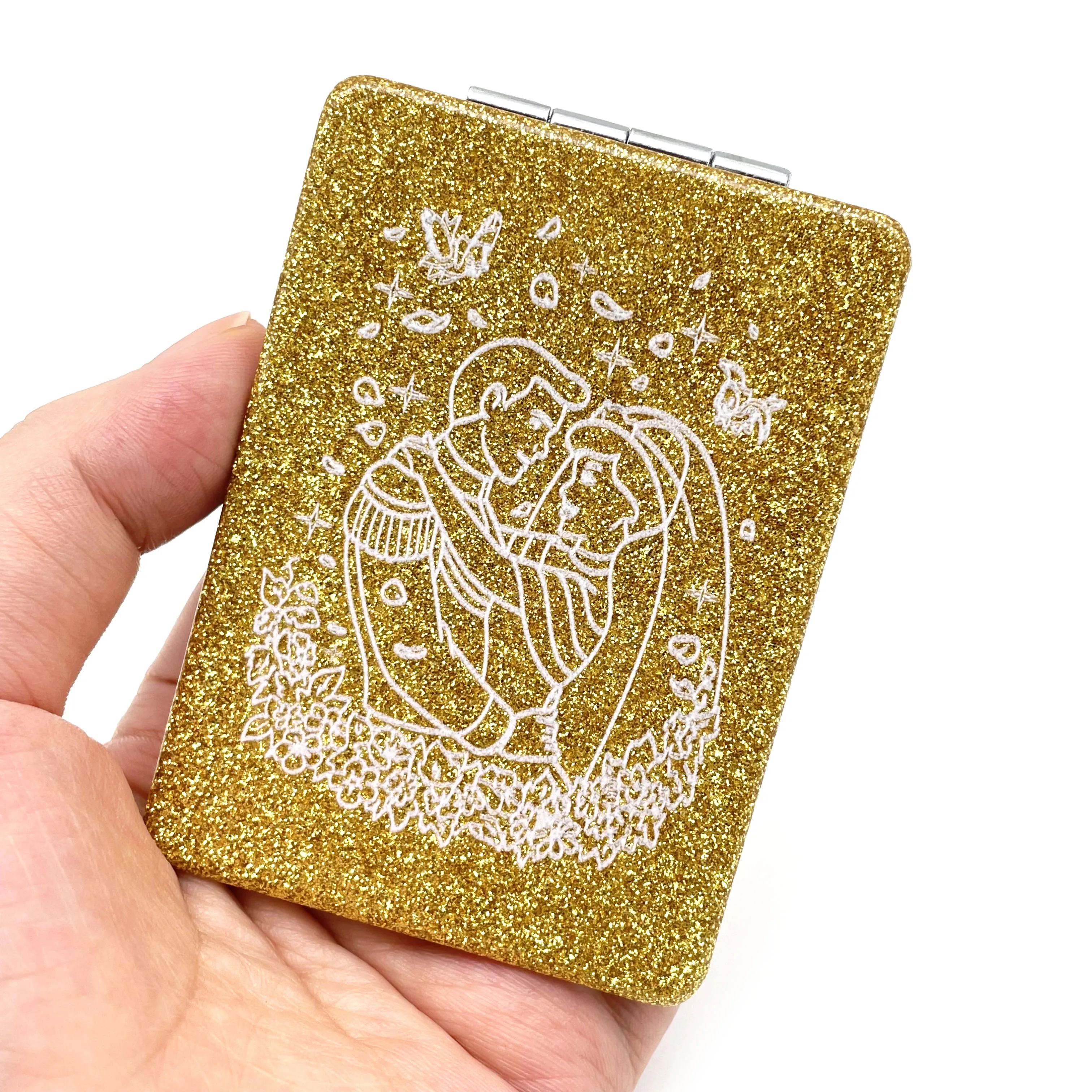 กระจกหนังกลิตเตอร์สี่เหลี่ยมสีทองสำหรับคู่งานแต่งงานของเจ้าสาวที่หรูหรา/ของชำร่วยแต่งงานที่สมบูรณ์แบบสำหรับแขก