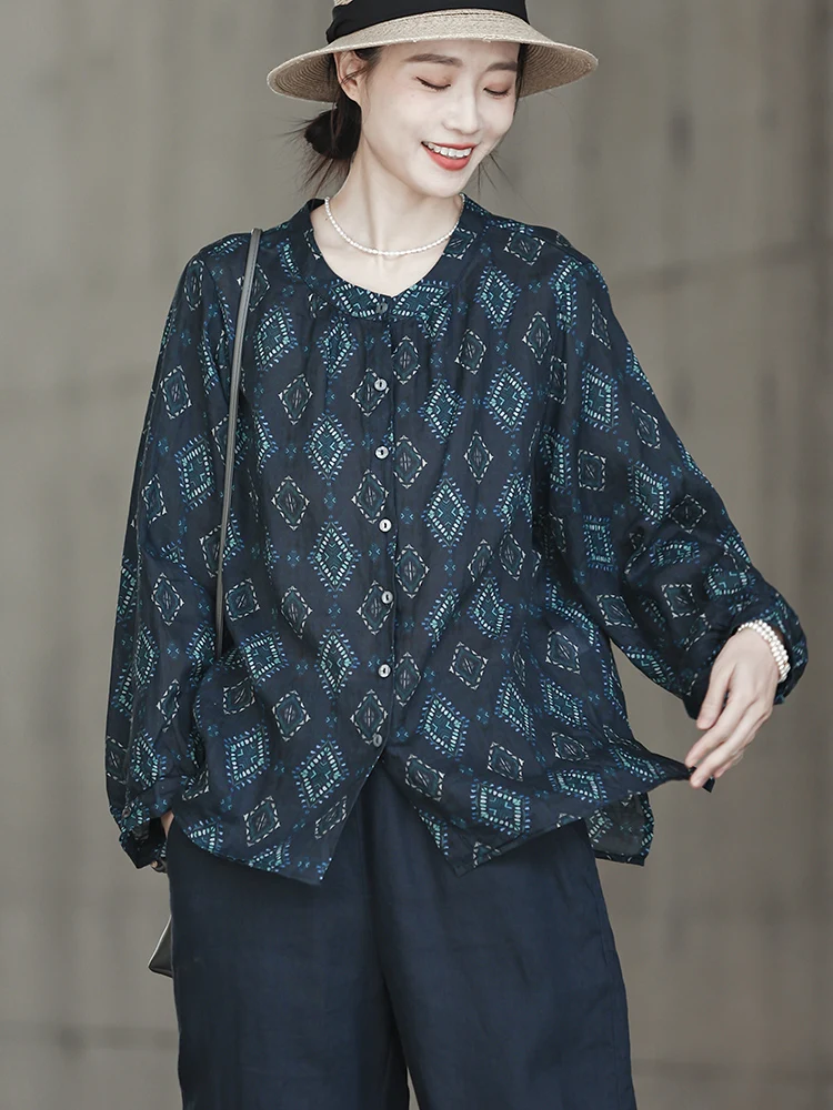 

Женская летняя рубашка свободного кроя с богемным принтом, легкая, из льна, с защитой от солнца, с боковыми разрезами, длинными рукавами, круглым вырезом, открытый кардиган