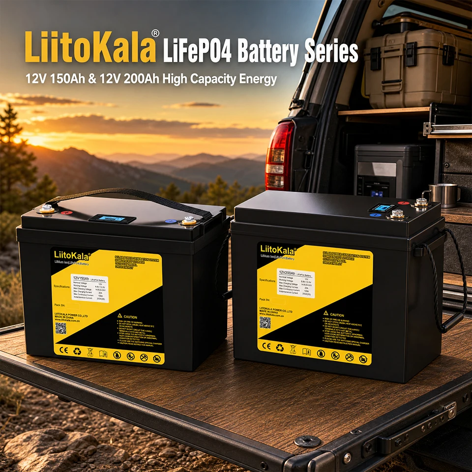Batteria LiFePO4 LiitoKala 12V 150Ah 200Ah con display LCD, batteria al litio a ciclo profondo con BMS integrato per sistemi di accumulo di energia solare, uso domestico, camper, campeggio,