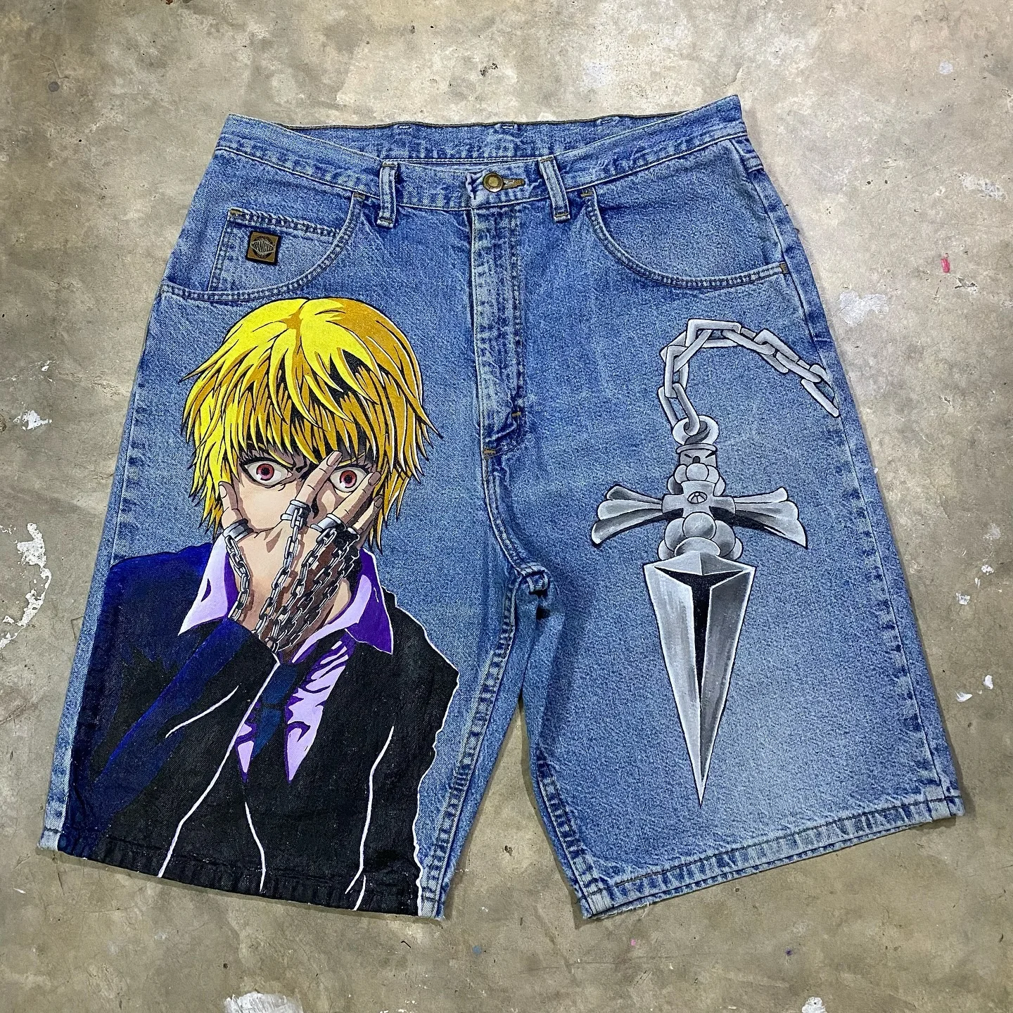 Pantalones de chándal de Anime para hombres, pantalones cortos de mezclilla de pierna ancha, ropa de calle Harajuku, pantalones vaqueros holgados, moda Popular informal, Y2k