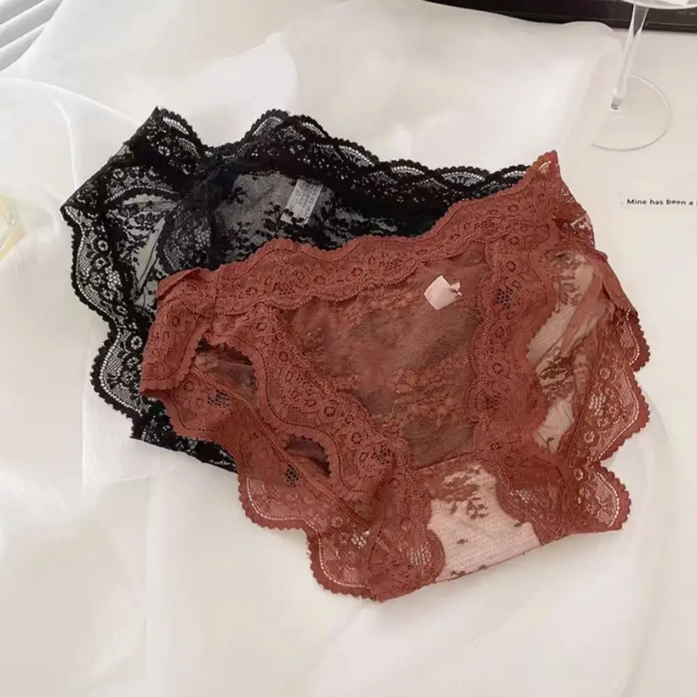 

4Pcs Lingerie Transparent Lace Mesh Panties Mid Waist Cotton Crotch Seamless Briefs Underpants Underwear for Women Lady