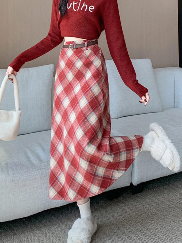 

Zoki Faux Woolen Plaid Long Skirt Women Vintage Slim High Waist Back Slit Belt Skirts Korean Fall Winter Elegant Long Skirts New