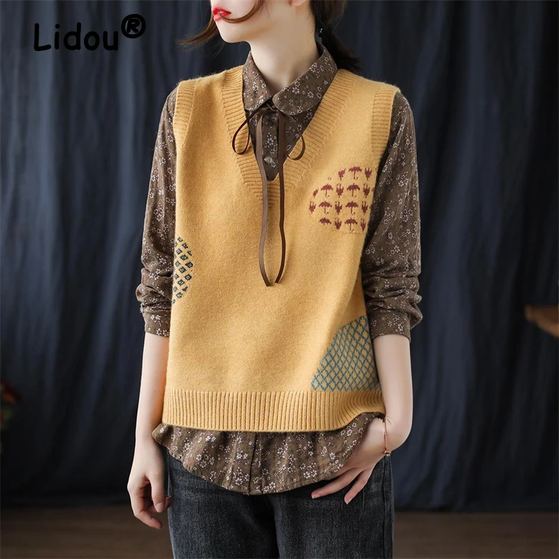 2022 Elegant Fashion V-neck Retro Knitted Vest Female Loose Sleeveless Pullover Jumper Sweater Vest Women Spring Autumn Clothing