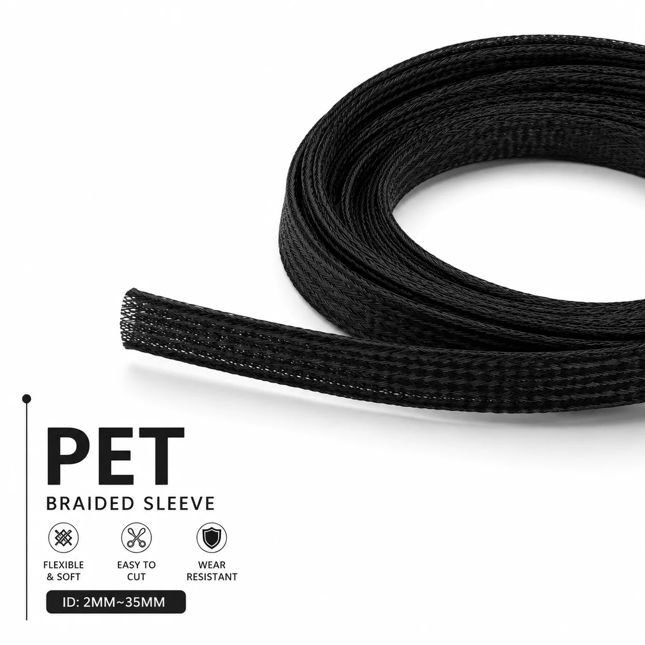 New Energy Equipment Wire Harness Outer Sheath ID 2-35mm Black Flame-retardant PET Braided Sleeve