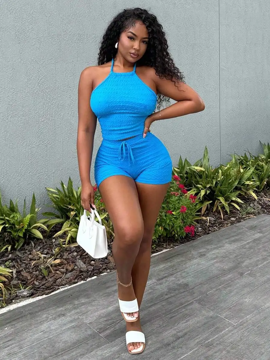 

Blue Textured Halter Top And Shorts Set Women Casual Summer Outfit
