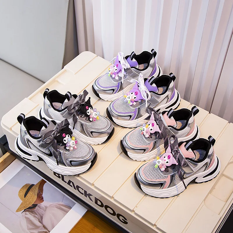 

Kids'Casual Shoes Sneakers Cartoon Kuromi Mesh PU Leather For Girls Anti-slip Breathable Velcro Pink Silver Shoes Size 28-37