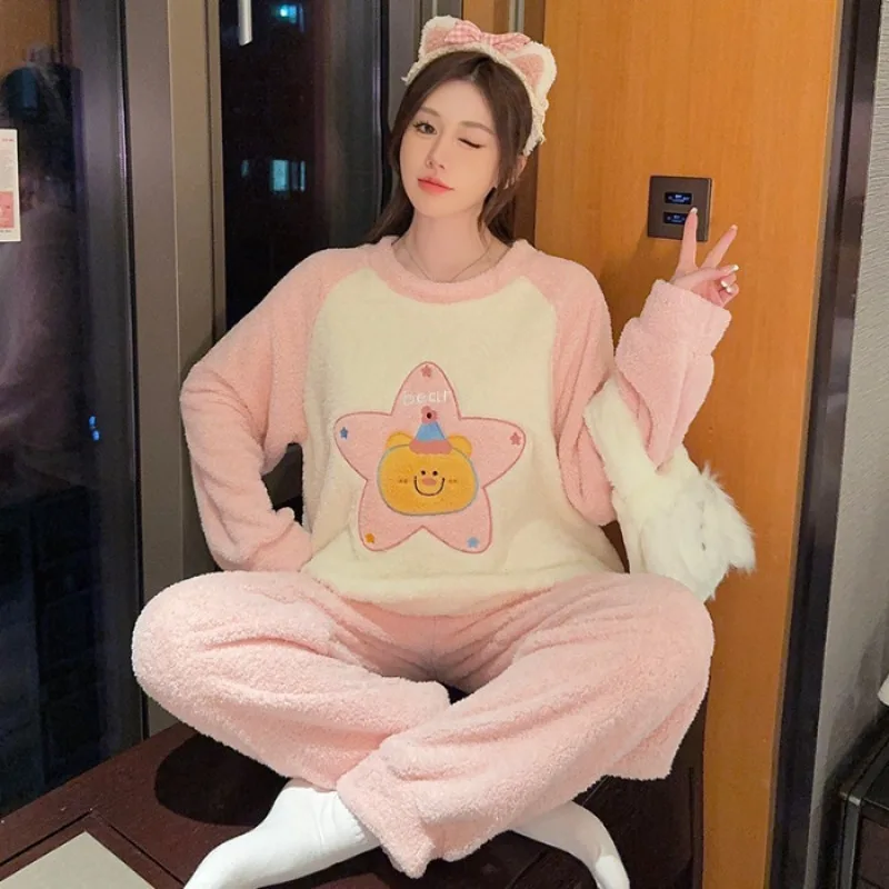 100kg Plus Size Women Cartoon Pajama Lucky Words Winter Warm 2 Piece Sets Thicken Velvet Fleece Pullover Pants Home Outer Wear