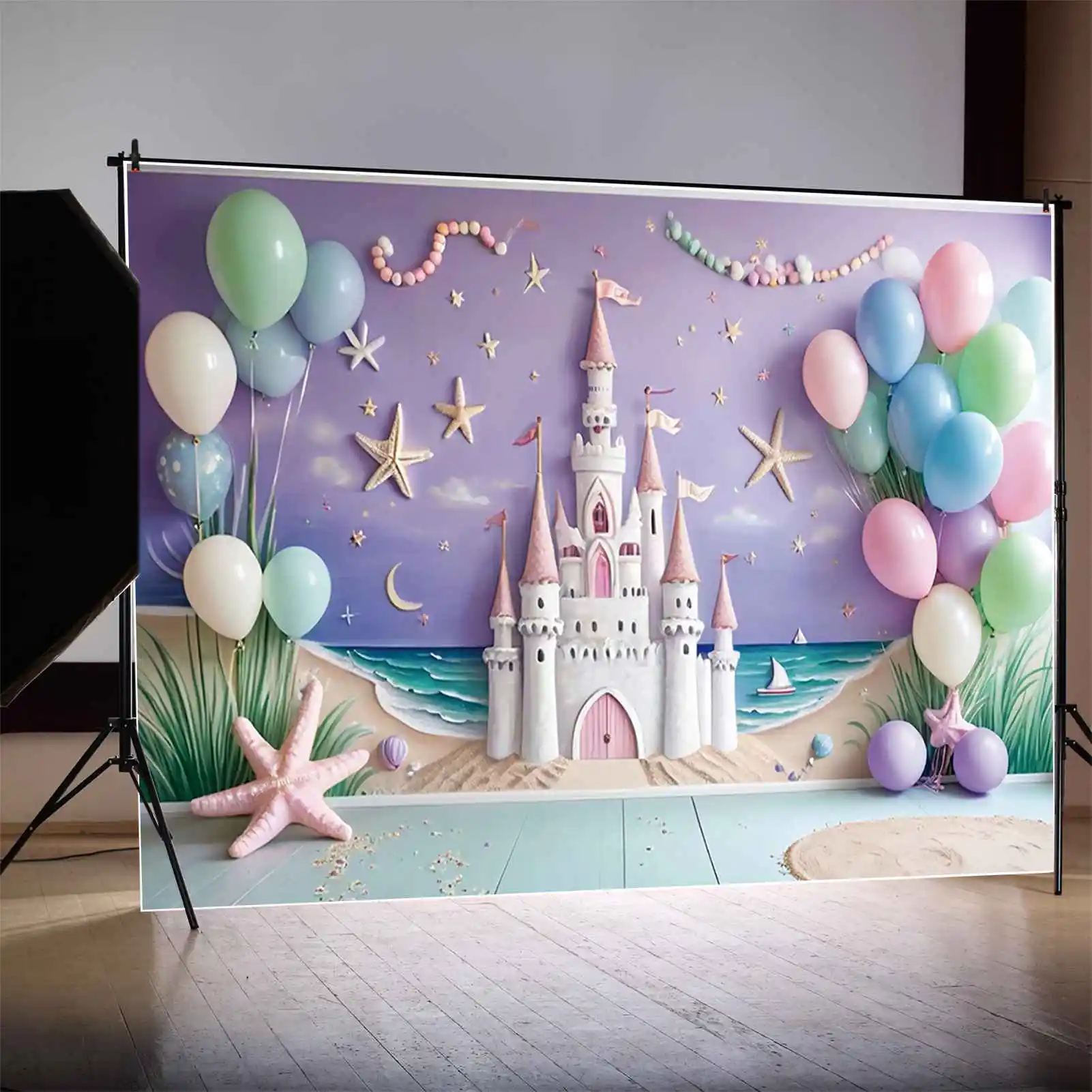 MOON.QG Candy Beach One Birthday Backgrounds Girls Summer Fairy Castle Wall Backdrops Custom Party Decoration Photocall Props