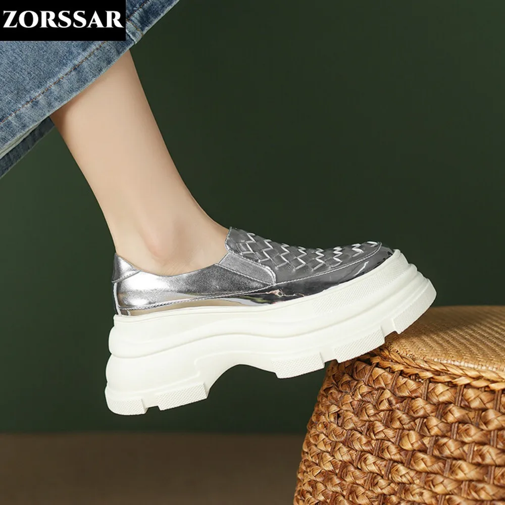 

New Genuine Leather Platform Female Women Sneakers Chunky Spring Autumn Women Casual Loafers Flat Platform Comfy Shoes Silver