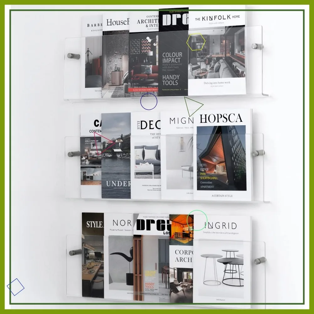 حامل كتيب مثبت على الحائط من الأكريليك الشفاف مكون من 3 طبقات، رف مجلات لعرض غرفة المعيشة المكتبية #1