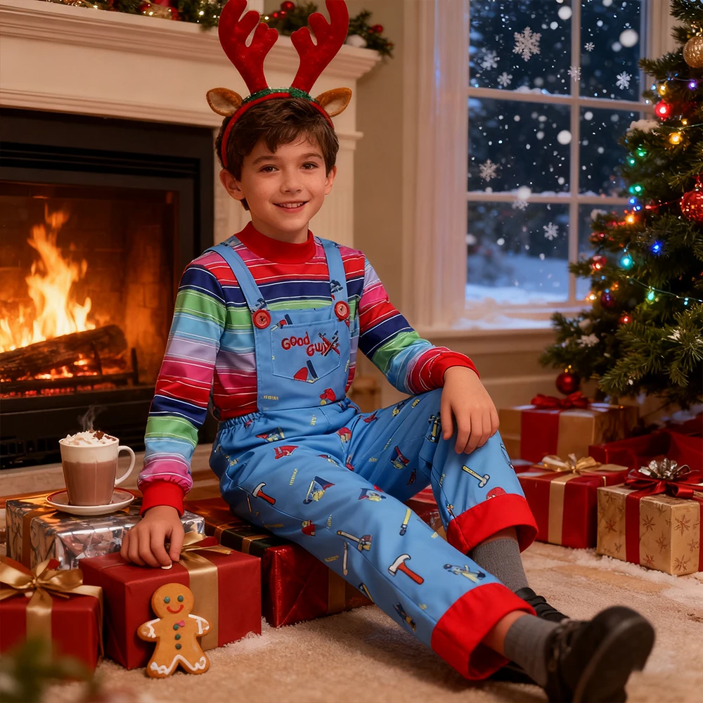 

Horror Chucky Cosplay Costume Christmas New Year Sets For Children Top+Jumpsuits 2Pcs Party Boys Suit Carnival Birthday Gifts