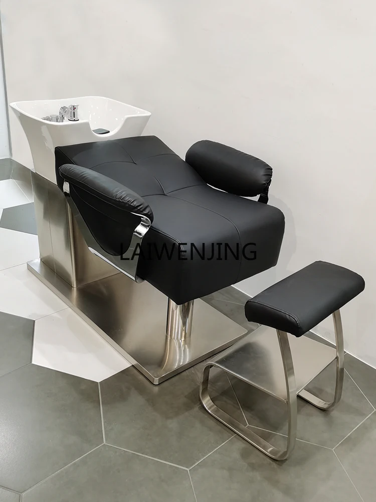 MJY Hair Salon Light Luxury Half Reclining Shampoo Flush Stainless Steel Ceramic Deep Basin Shampoo Bed