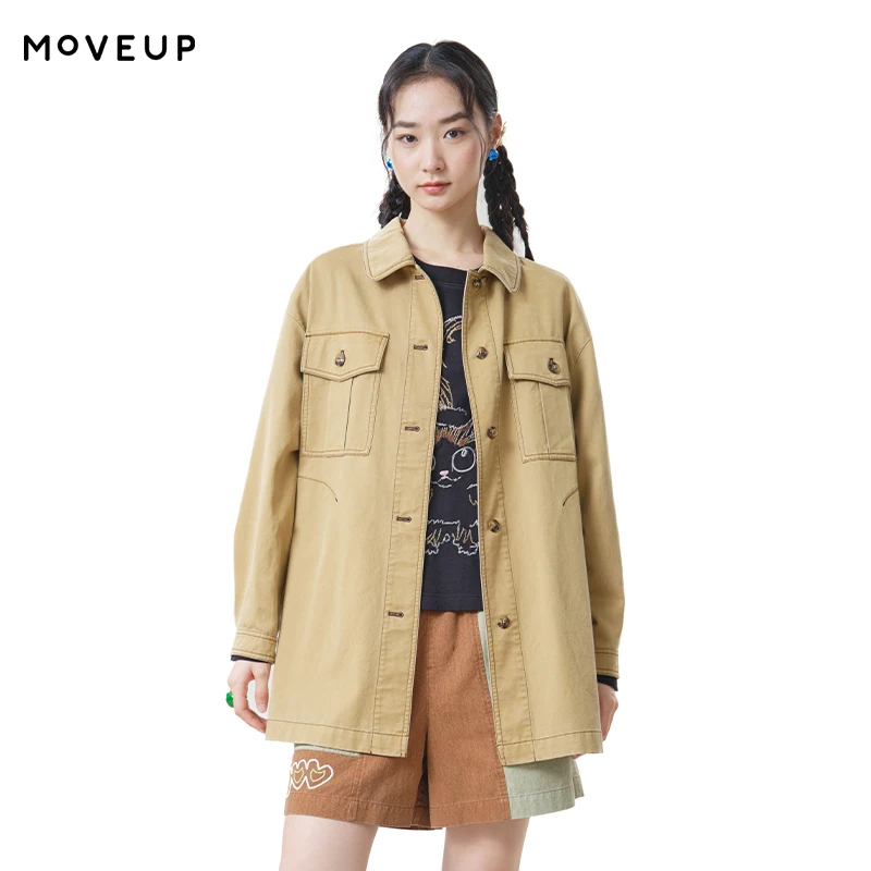 MOVEUP Lyocell Lapel Mid Length Jacket 2026 Autumn Rear Cat Embroidery Multi Patch Pockets Coat Loose Casual Outerwear 3ELQ20703