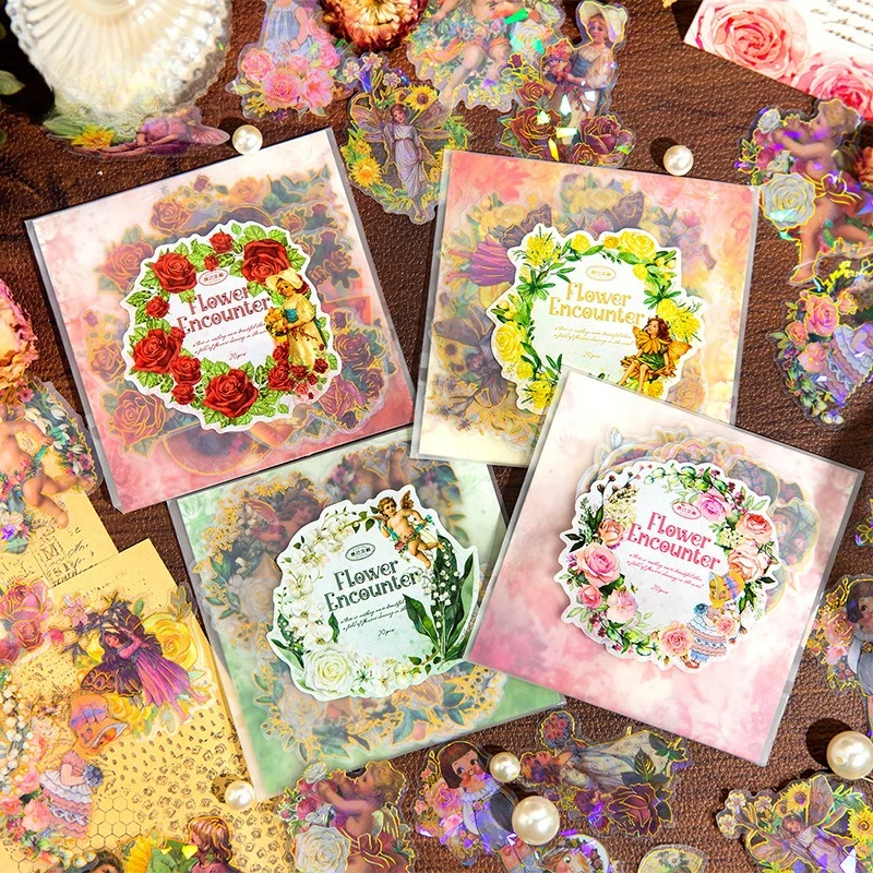 20Pcs/Pack Flower Encounter Series Gold Foil PET Stickers, Vintage Cartoon Character Deco Stickers for Journal DIY Scrapbooking