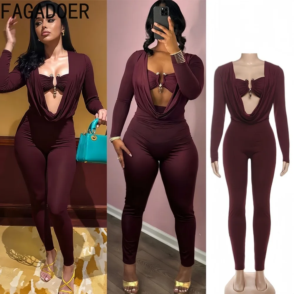 

FAGADOER Sexy Metal Buckle Decorate Bodycon Jumpsuits Women Deep V-neck Long Sleeves Romper Female Midnight Clubwear Overalls