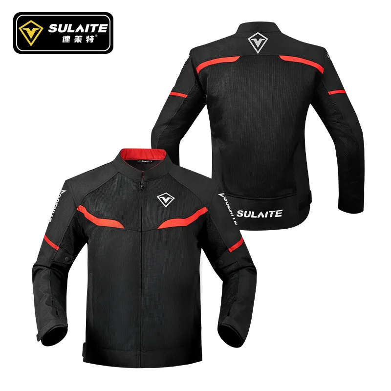 SULAITE Summer Motorcycle Jacket Men Breathable Mesh Reflective Adjustable Waist Black Riding Coat Shoulder Elbow Pads Back Pad