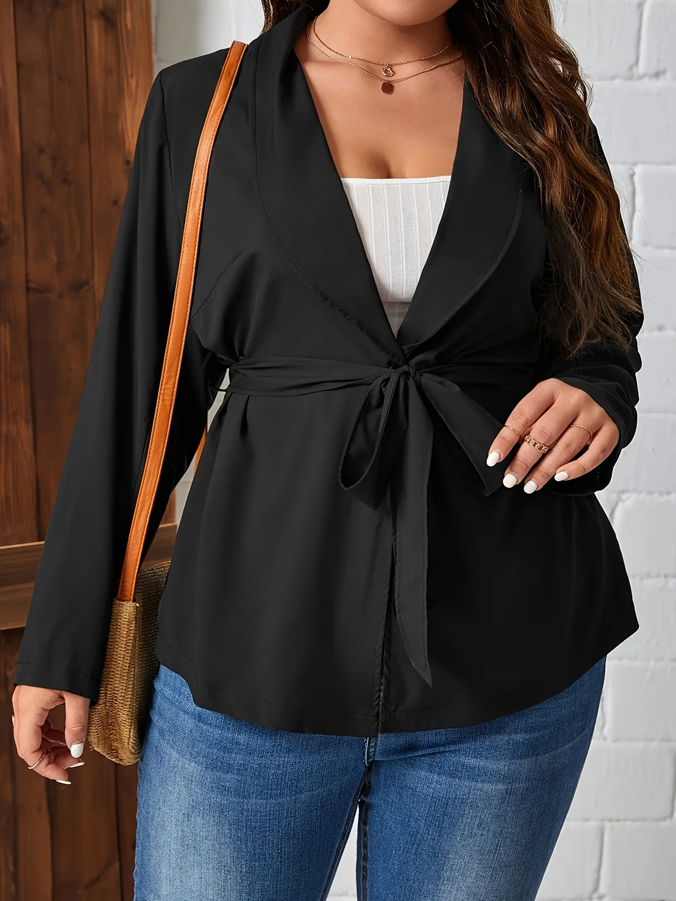 

Женский черный блейзер больших размеров с завязками на талии и открытой передней частью, повседневная офисная куртка с длинными рукавами, новинка 2026 года