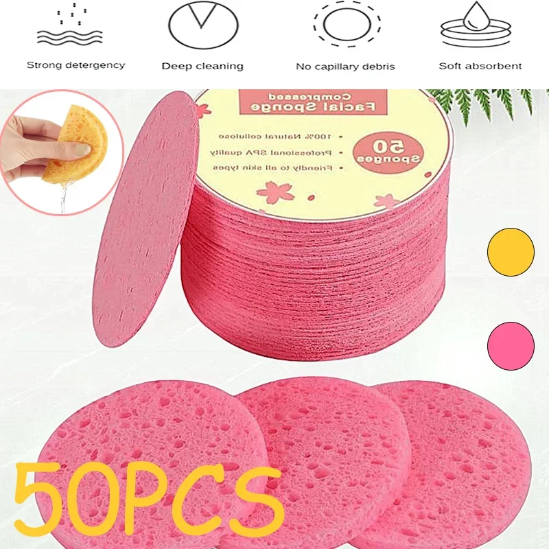 50PCS Round Wood Pulp Soft Cleansing and Exfoliating Facials Compressed Sponge Face Puff Suitable for Home Use or Travel