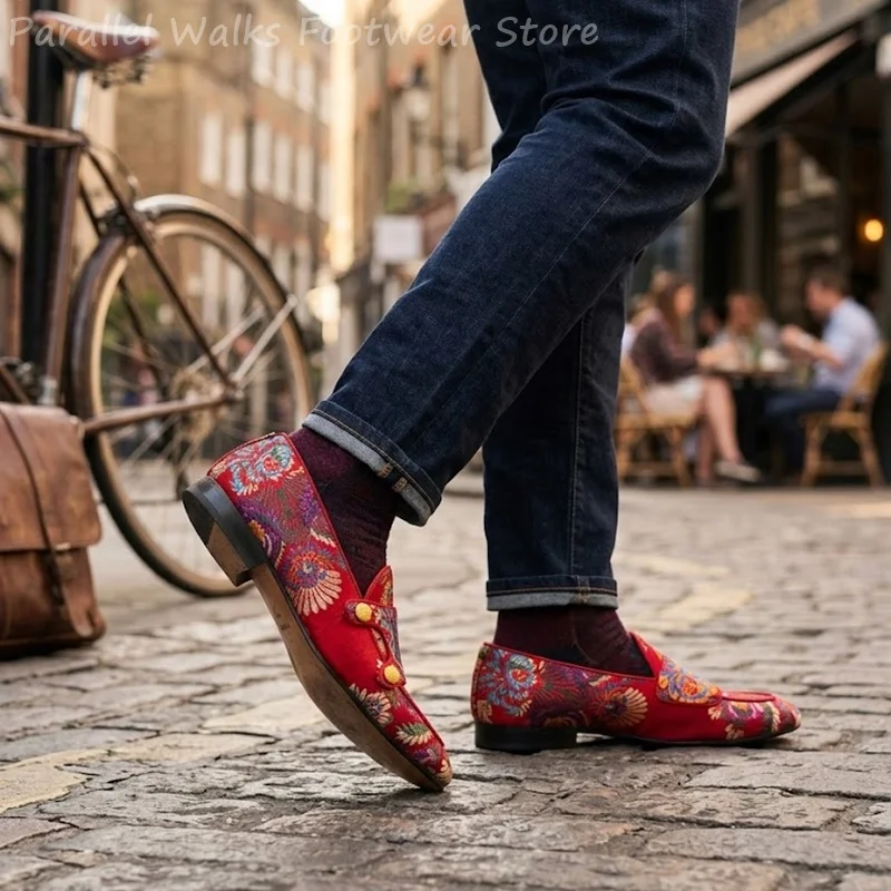 Men Loafers Red Silk Satin Embroidered Jacquard Flower Elegant Slip On Wedding Party Dress Shoes Vintage Premium Flat Shoes Men