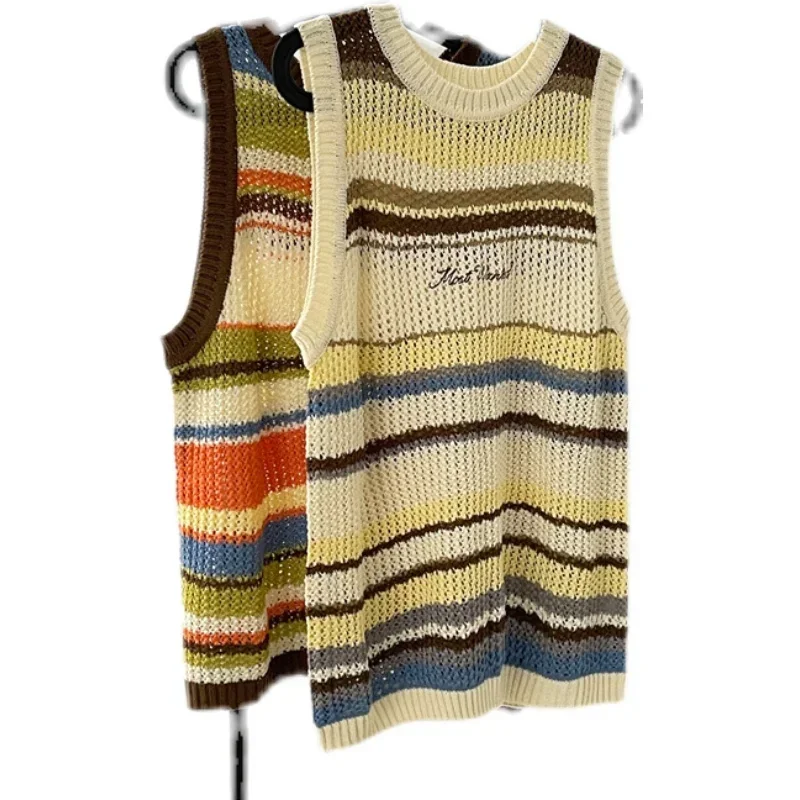 

Fashion Striped Hollow Knitted Vest Men's Summer Color Matching Sleeveless T-shirt Loose Couple Vests Tops Male Clothes