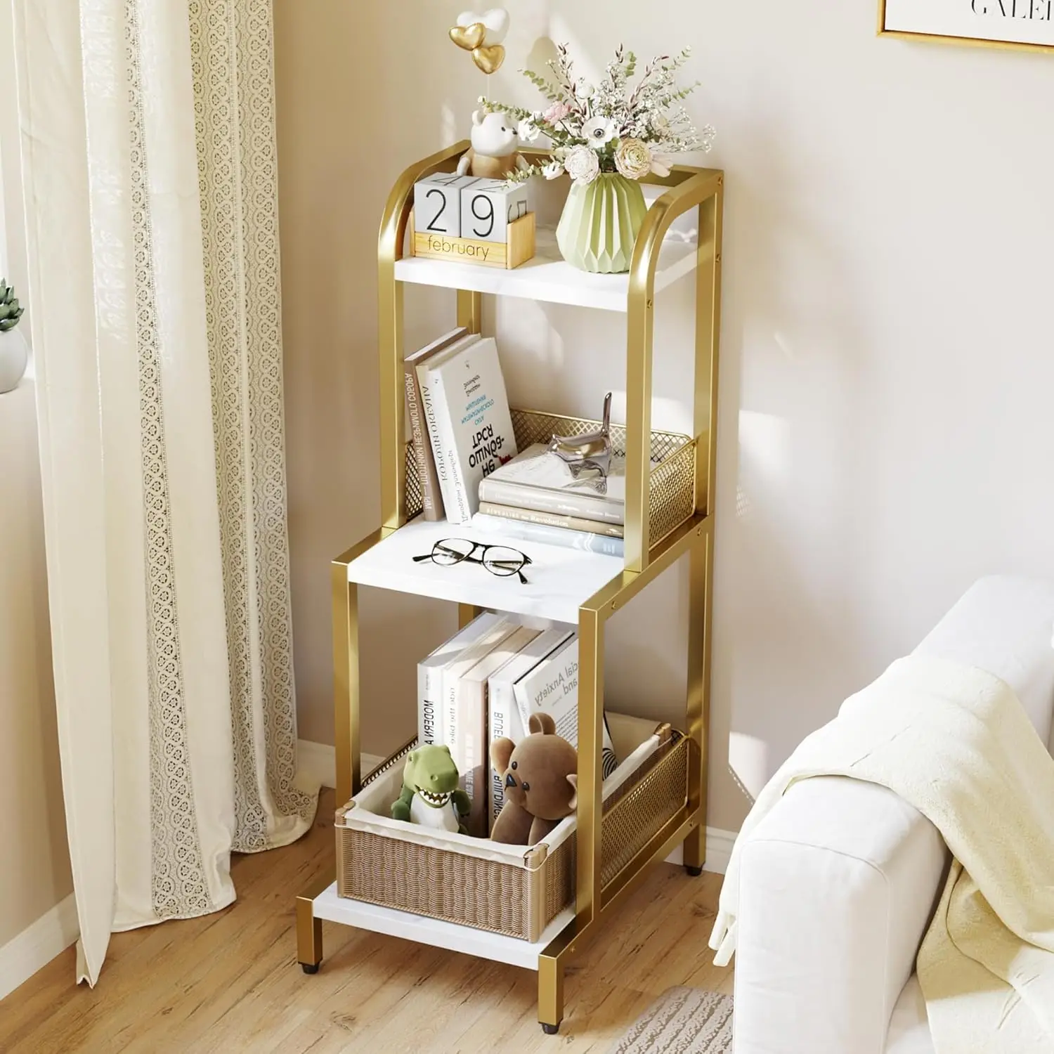 Gold Bookshelf 3-Tier Bookcase, Small Bookshelf for Small Spaces, Modern Shelf Open Display Rack for Bedroom Living Room