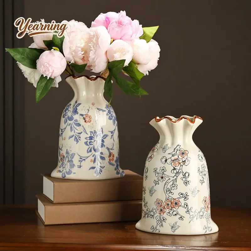High Grade Ornament Blue and White Porcelain Chinese Vase Retro Living Room Entryway Fresh Flower Arrangement Decor