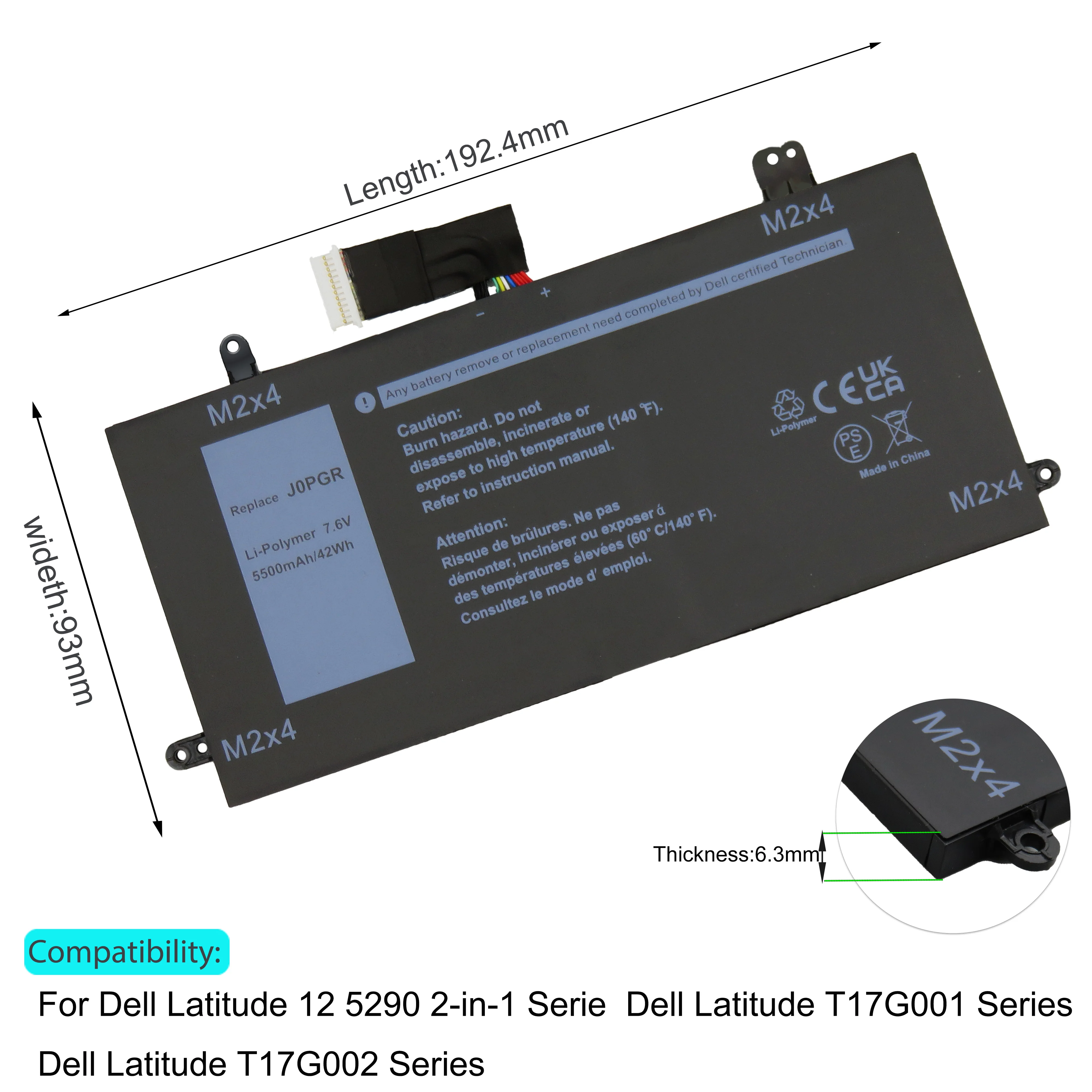 For DELL Latitude 5285 5290 Series J0PGR Laptop Battery 7.6V 42Wh T17G 1WND8 JOPGR X16TW T17G001