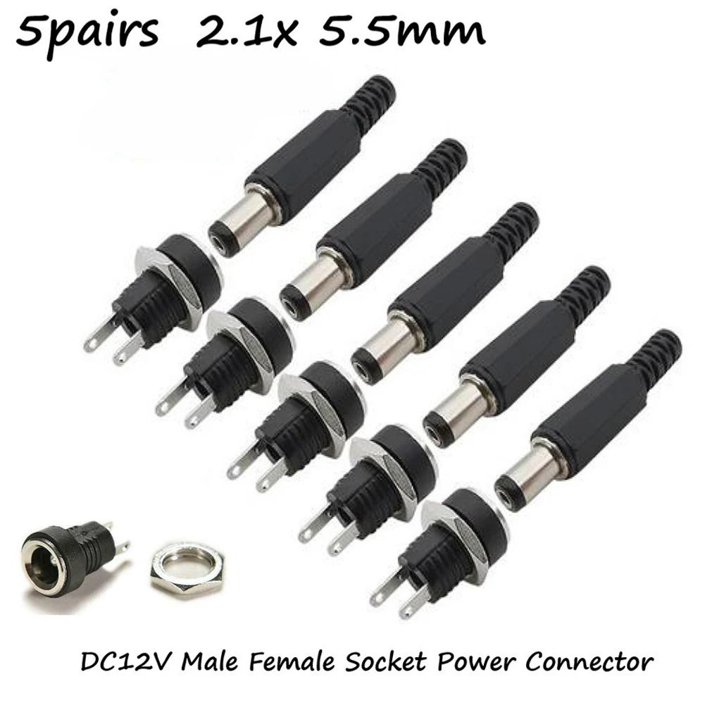 5 Pairs DC Power Connector Bundle 5.5x2.1mm Male To Female Panel Mount Sockets With Exposed Metal Contacts For Soldering