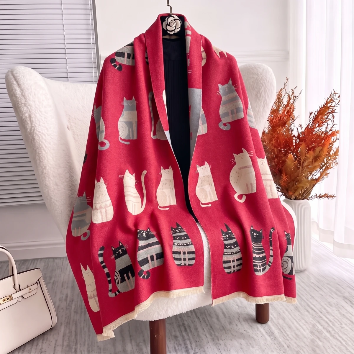 Winter Pashmina Brushed Scarf Cat Print Shawl Double Sided Reversible Thick Warm Soft Scarves Wrap for Women Xmas Holiday Gift