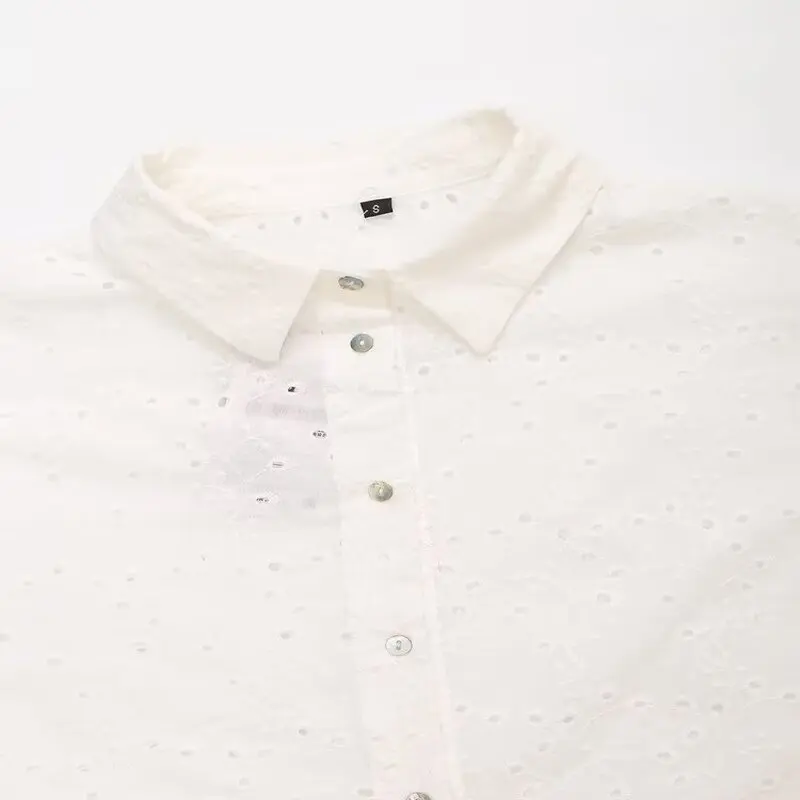 Ele White Embroidered Long Sve ort irt Women's Faion Summer New Arrival Hollow out Design High Waist Commute Sle