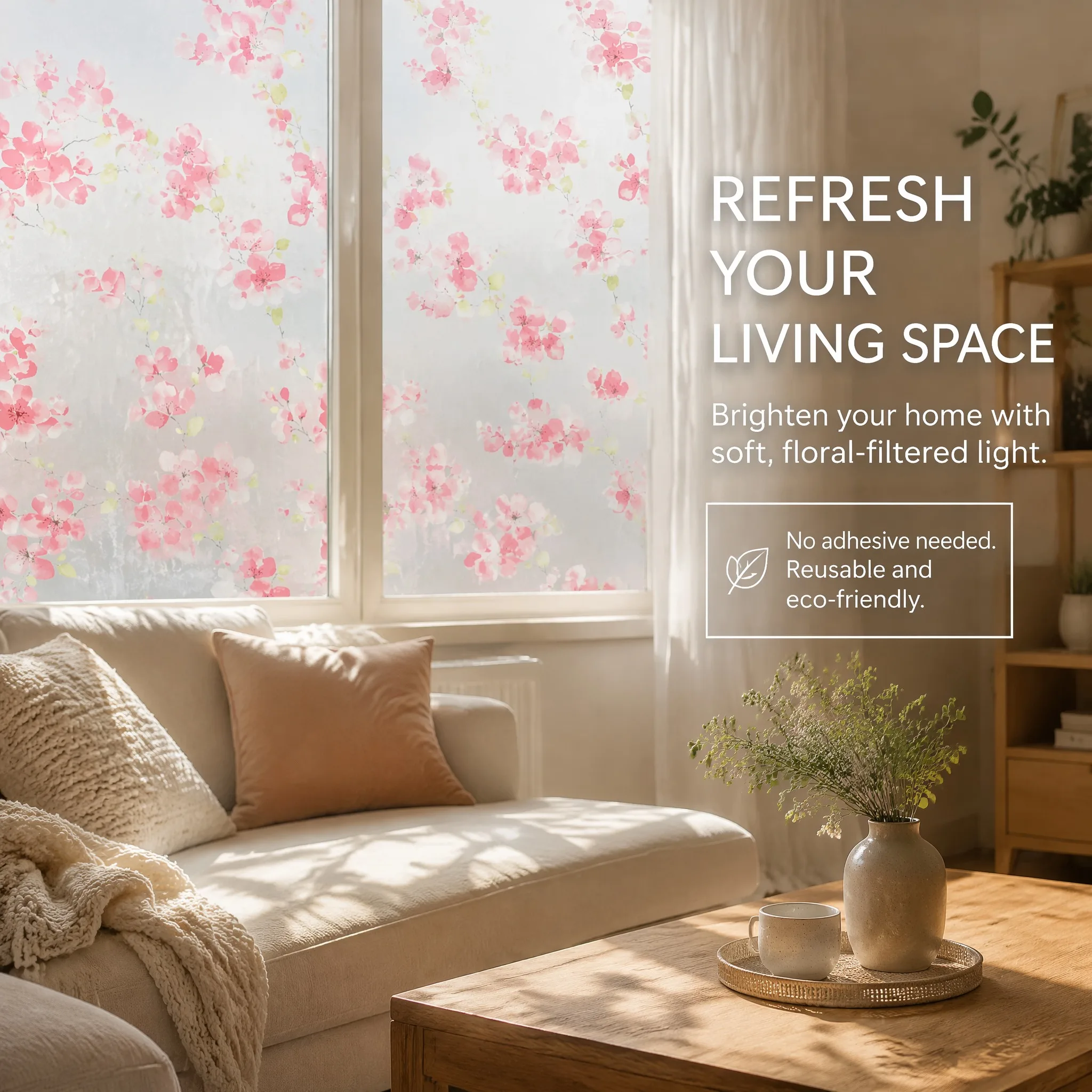 Watercolor Sakura Design Self-Adhesive Frosted Glass Sticker for Privacy Window Decorations