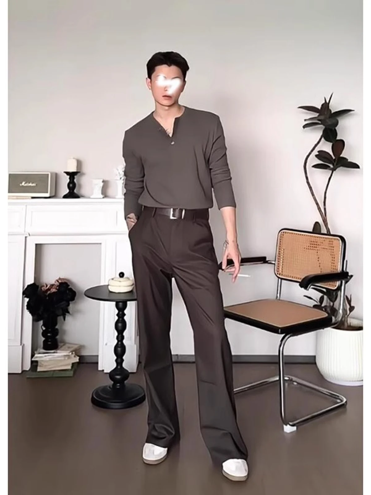 

Coffee Color Straight Leg Suit Pants Drapey Old Money Sle American Retro Men's Faion Trousers Trendy Youth Casual Polyest...