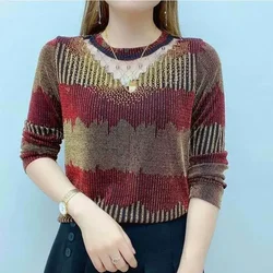 Women's Clothing Hollow Out Hot Drill Spliced Vintage Tops Fashion Spring O Neck Casual Color Matching Long Sleeve T-shirt N123