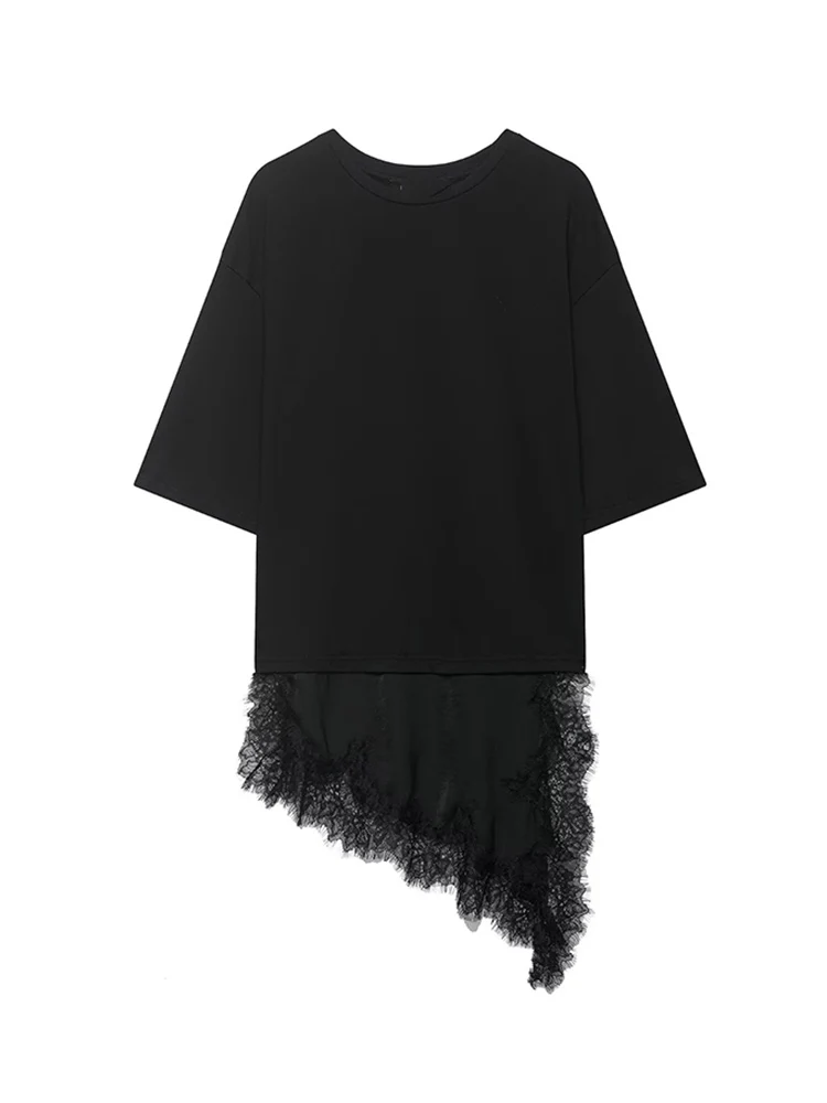 Women's Irregular T-shirts Solid Short Sleeve Loose Coquette Lace Spliced Tops Ladies Elegant Chic High Street Tee Fashion New
