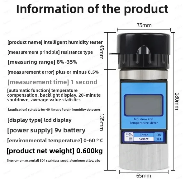 For Global Agricultural Trade: 40-Grain Moisture Detector with Multilingual Support - Precisely Measures Coffee Beans, Cocoa Bea