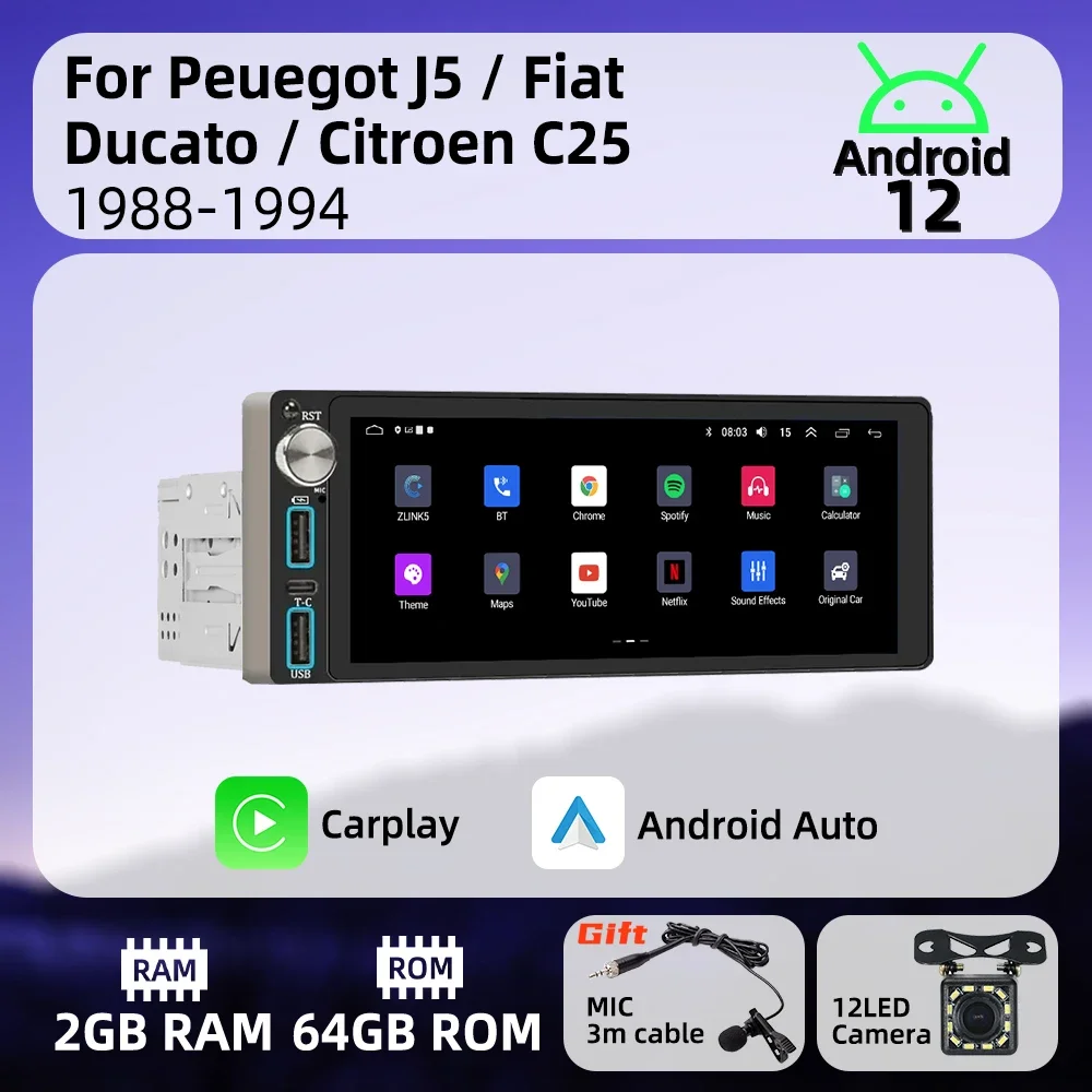 

Wireless Carplay Autoradio 6.86" 1 Din Radio Android Car Multimedia for Peugeot J5 Fiat Ducato Citroen C25 1988-1994 Head Unit