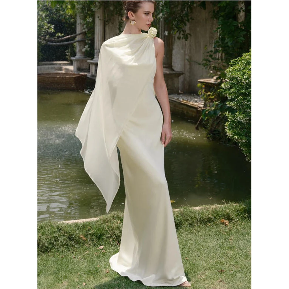 Champagne amarelo cetim cinta de espaguete vestido de noite feminino elegante decoração flor vestido formal fino maxi vestido de baile de casamento