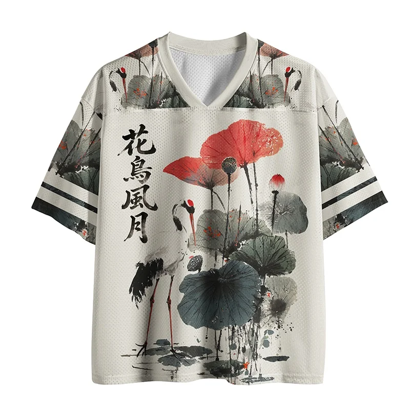 Japanese Ink Wash Crane Lotus Print Men's T-shirt Women's Children's Floral Style V-neck Streetwear Loose Casual Summer T-shirt